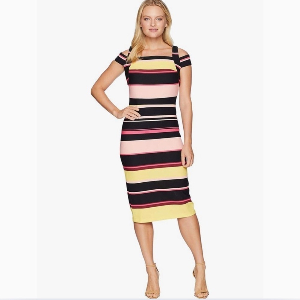 NWT ECI Dress size 2 multicolor Black Yellow Pink Bodycon Midi